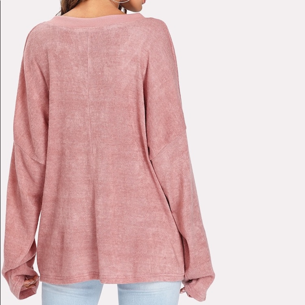 Lace trim v neck sweater pink black - Picture 2 of 3